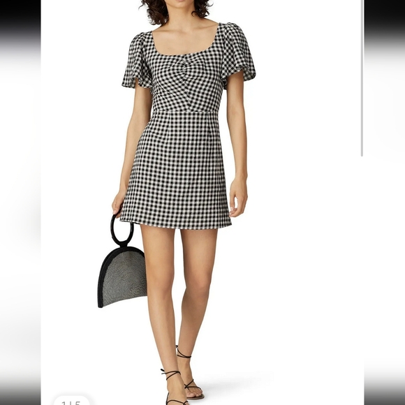 $106 RETAIL Le Rumi Gingham Violet Mini Dress Smocked Back Flutter Sleeve Lux - Picture 1 of 4